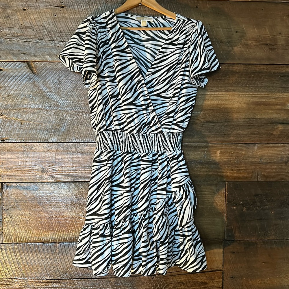Michael Kors Midnight zebra smocked waist ruffle short dress NWT (M)6-8